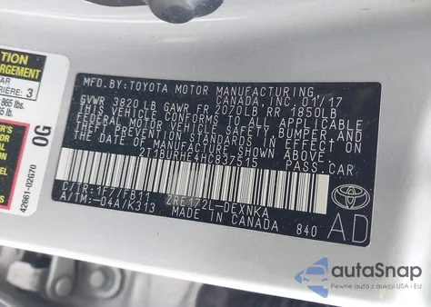 2017 Toyota Corolla Le из США, поврежденный, VIN 2T1BURHE4HC837515